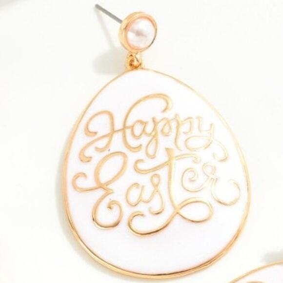 White Enamel Coated Happy Easter Egg Drop Earrings With Pearl Post - Picture 2 of 3